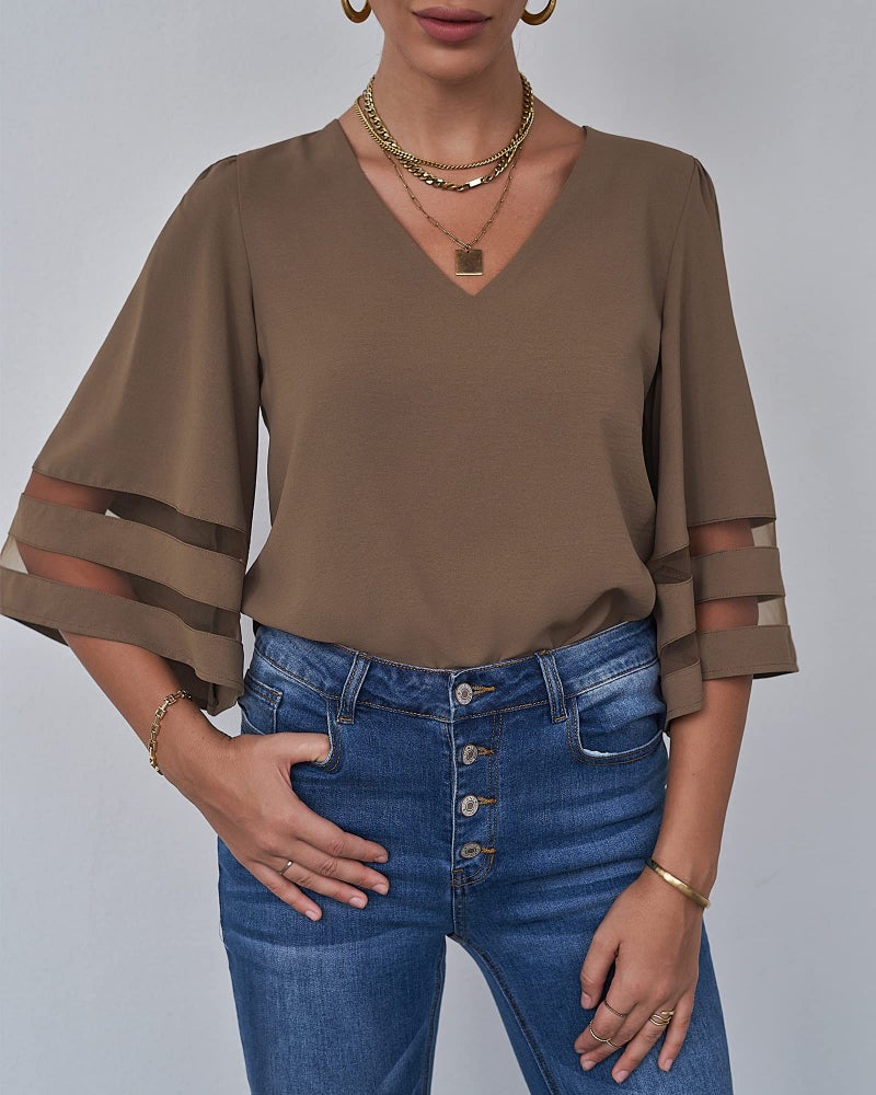 LookbookStore Women Vneck Mesh Panel Brown Work T Shirts for Women V Neck Casual 3/4 Flared Bell Sleeve Blouse Loose Business Office Blouse and Tops Size XX-Large - Image 3